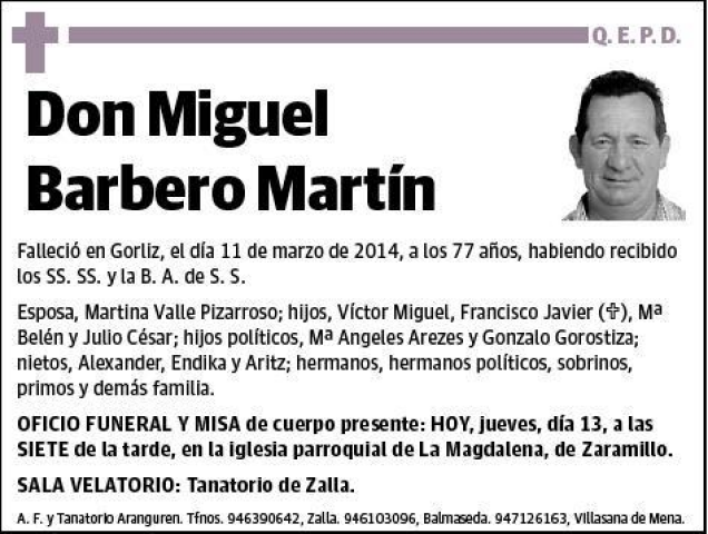 BARBERO MARTIN MIGUEL Esquela Necrológica El Correo