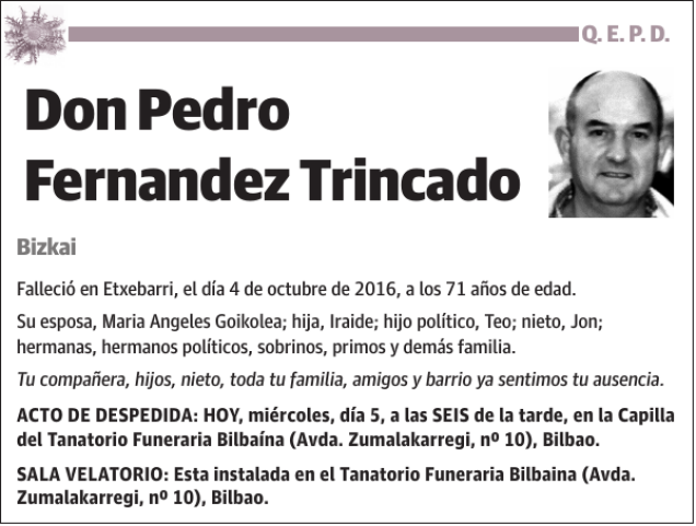 Pedro Fernandez Trincado Bizkai Esquela Necrológica El Correo