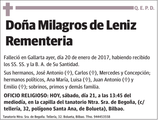 Milagros De Leniz Rementeria Esquela Necrol Gica El Correo