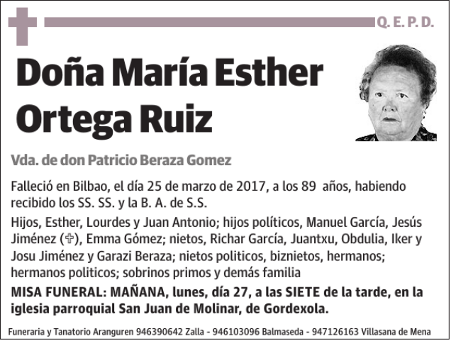 Mar A Esther Ortega Ruiz Esquela Necrol Gica El Correo