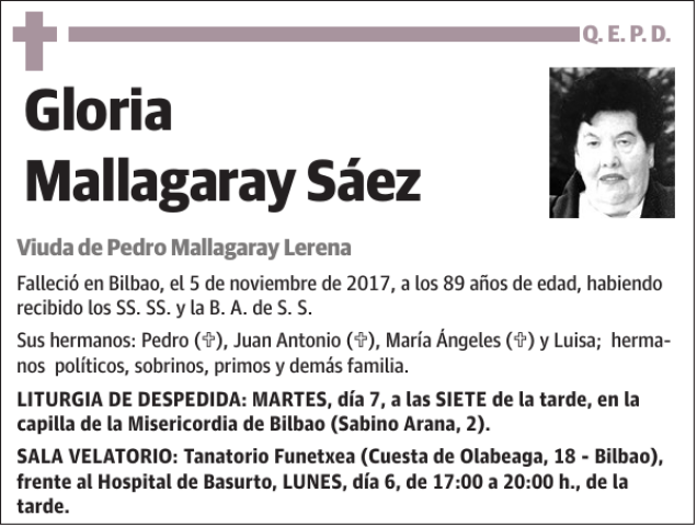 Gloria Mallagaray S Ez Esquela Necrol Gica El Correo