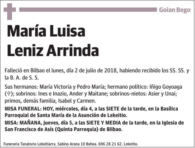 Mar A Luisa Leniz Arrinda Esquela Necrol Gica El Correo