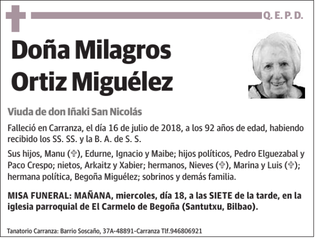 Milagros Ortiz Miguélez Esquela Necrológica El Correo