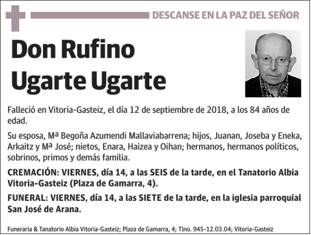 Rufino Ugarte Ugarte Esquela Necrol Gica El Correo