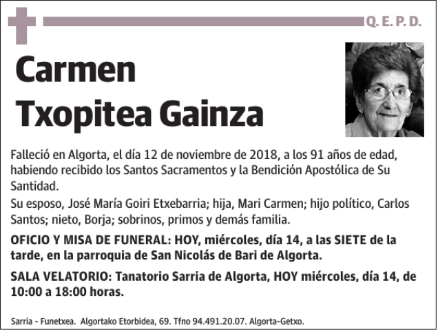 Carmen Txopitea Gainza Esquela Necrol Gica El Correo