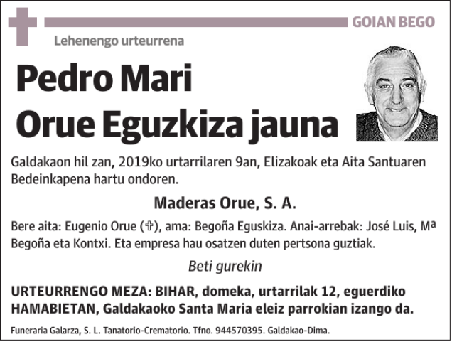 Pedro Mari Orue Eguzkiza Esquela Necrológica El Correo