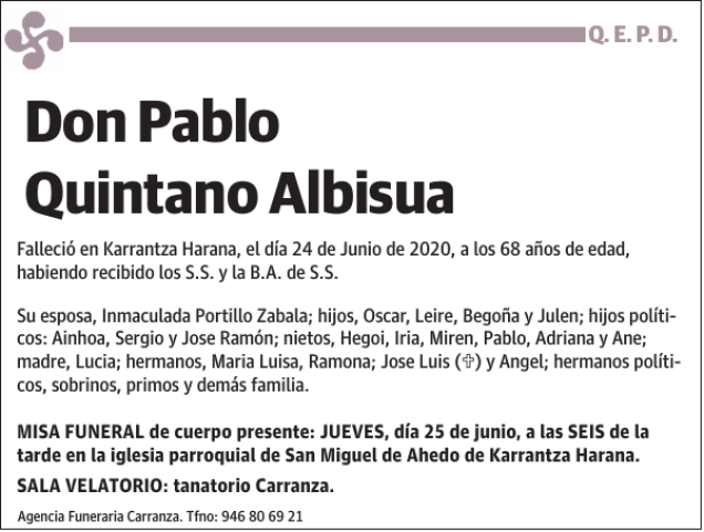 Pablo Quintano Albisua Esquela Necrológica El Correo