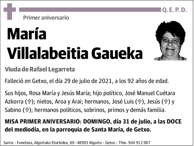 Maria Villalabeitia Gaueka Esquela Necrol Gica El Correo