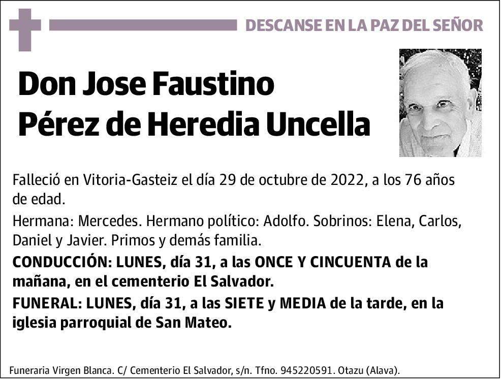 Jose Faustino Pérez de Heredia Uncella Esquela El Correo