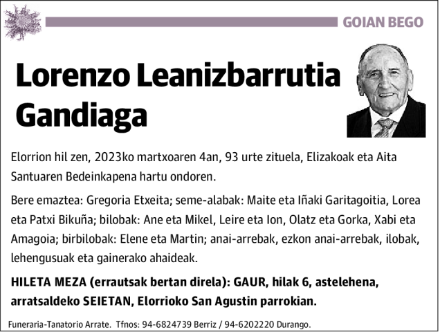 Lorenzo Leanizbarrutia Gandiaga Esquela Necrológica El Correo