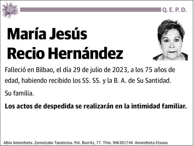 María Jesús Recio Hernández Esquela Necrológica El Correo