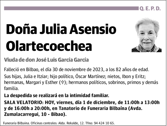 Julia Asensio Olartecoechea Esquela Necrológica El Correo