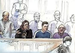 Dibujo que representa a Zigor Garro, Marina Bernadó, Ekain Mendizabal y Juan Cruz Maiza –de izquierda a derecha–, durante una de las sesiones del juicio celebrado en París./AFP/
