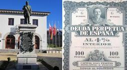 A la izquierda, estatua de Luis María de Avendaño en Liendo. A la derecha, título de deuda perpetua./