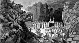 Las murallas de Jericó caen al paso del Arca de la Alianza, en un grabado de Doré./