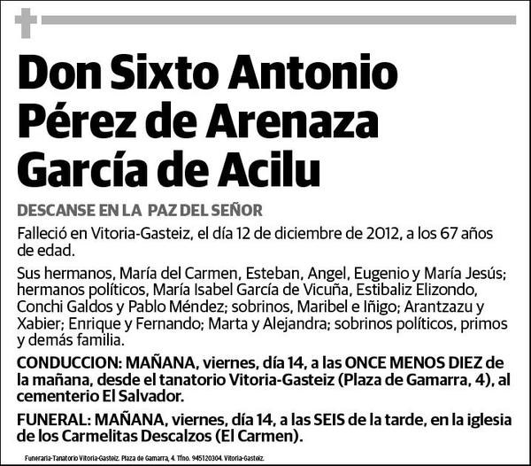 PEREZ DE ARENAZA GARCIA DE ACILU,SIXTO ANTONIO