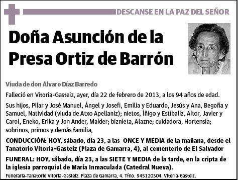 DE LA PRESA ORTIZ DE BARRON,ASUNCION