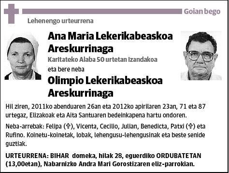 LEKERIKABEASKOA ARESKURRINAGA Y OLIMPO LEKERIKABEASKOA ARESKURRINAGA,ANA MARIA