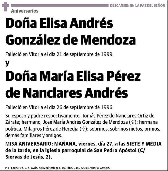 ANDRES GONZALEZ DE MENDOZA Y MARIA ELISA PEREZ DE NANCLARES,ELISA