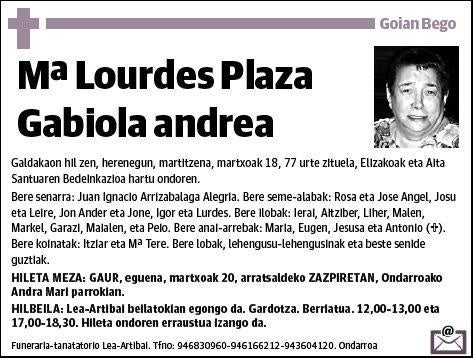 PLAZA GABIOLA,Mª LOURDES