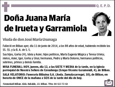 DE IRUETA Y GARRAMIOLA,JUANA MARIA