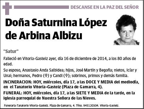 LOPEZ DE ARBINA ALBIZU,SATURNINA