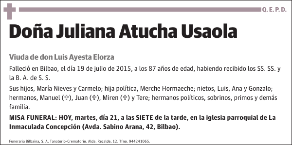 Juliana Atucha Usaola Viuda de don Luis Ayesta Elorza