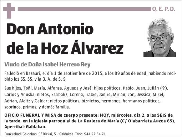 Antonio de la Hoz Álvarez Esquela Necrológica El Correo