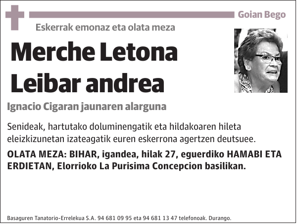 Eskerrak emonaz eta olata meza Merche Letona Leibar