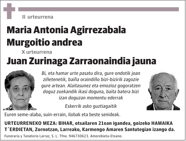 Maria Antonia Agirrezabala Murgoitio y Juan Zurinaga Zarraonaindia