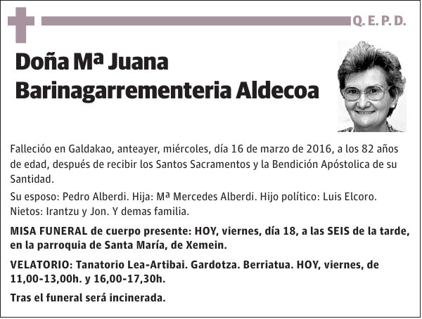 Mª Juana Barinagarrementeria Aldecoa