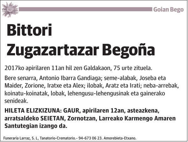 Bittori Zugazartazar Begoña