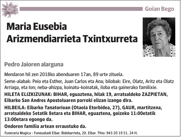 Maria Eusebia Arizmendiarrieta Txintxurreta