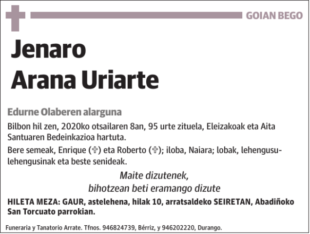 Jenaro Arana Uriarte Esquela Necrológica El Correo