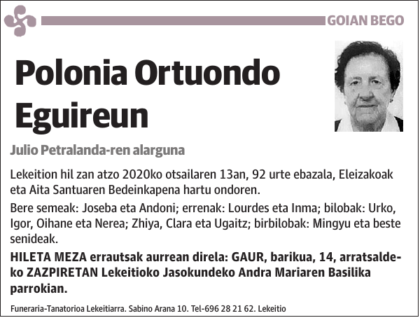 GOIAN BEGO Polonia Ortuondo Eguireun Julio Petralanda-ren alarguna