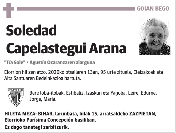 GOIAN BEGO Soledad Capelastegui Arana 'Tía Sole' Agustín Ocaranzaren alarguna