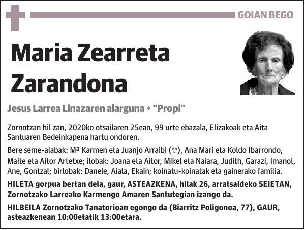 Maria Zearreta Zarandona Jesus Larrea Linazaren alarguna