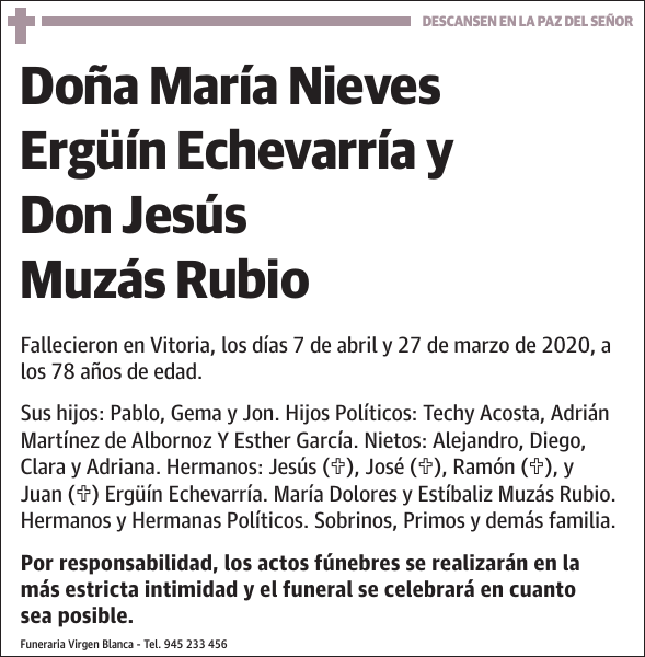 DESCANSEN EN LA PAZ DEL SEÑOR María Nieves Ergüín Echevarría y