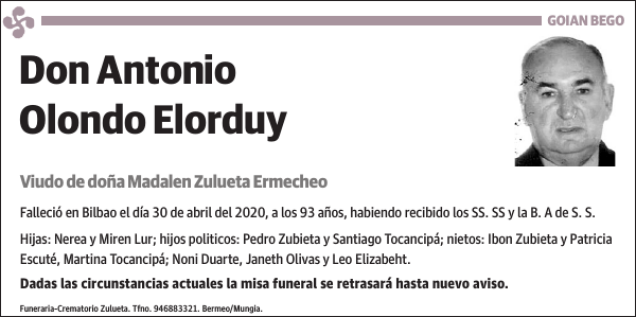 Antonio Olondo Elorduy Esquela Necrológica El Correo