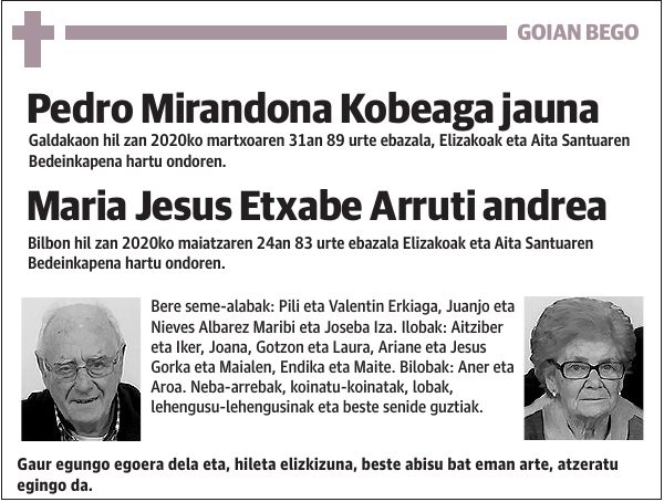 Pedro Mirandona Kobeaga Maria Jesus Etxabe Arruti