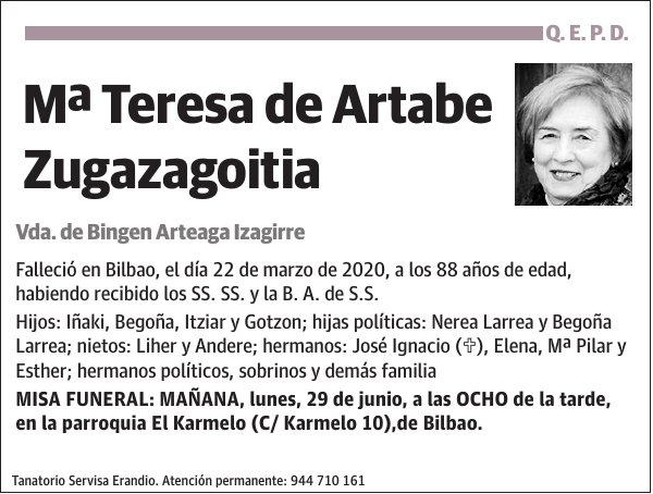 Mª Teresa de Artabe Zugazagoitia