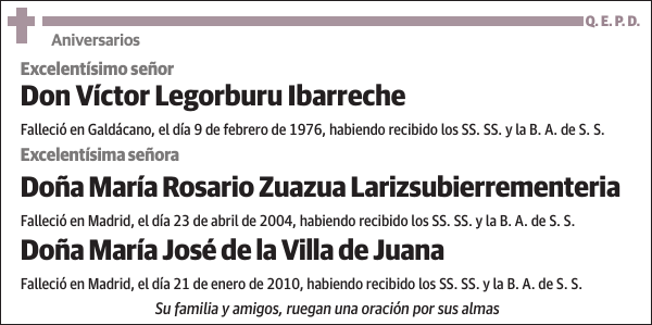 Víctor Legorburu Ibarreche, María Rosario Zuazua Larizsubierrementeria y María José de la Villa de Juana