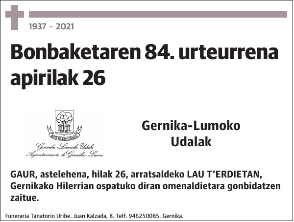 Bonbaketaren 84. urteurrena apirilak 26