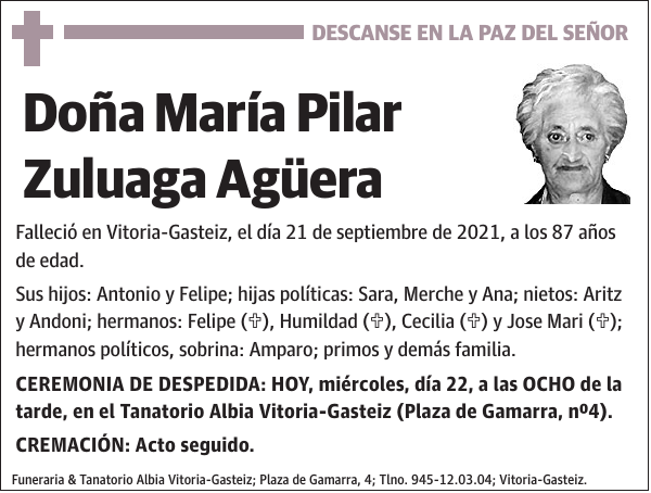 DESCANSE EN LA PAZ DEL SEÑOR María Pilar Zuluaga Agüera