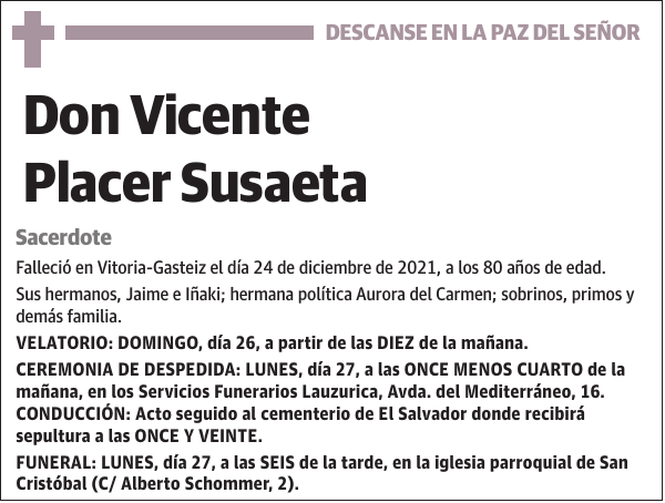 Vicente Placer Susaeta Sacerdote