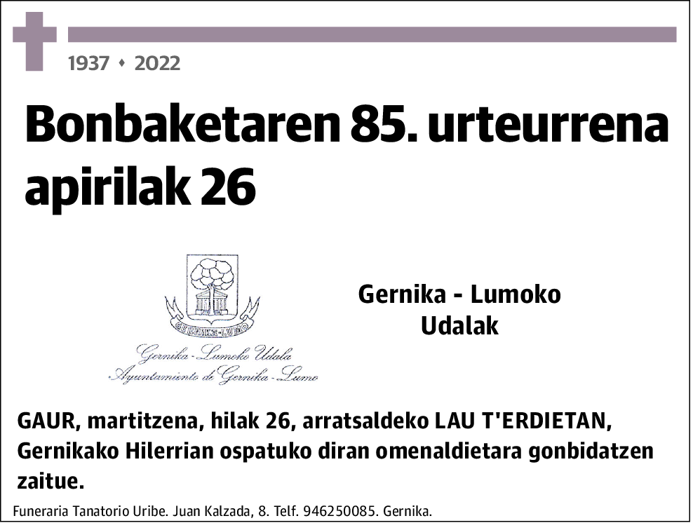 Bonbaketaren 85. urteurrena apirilak 26