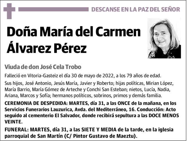 María Del Carmen Álvarez Pérez | Esquela Necrológica | El Correo