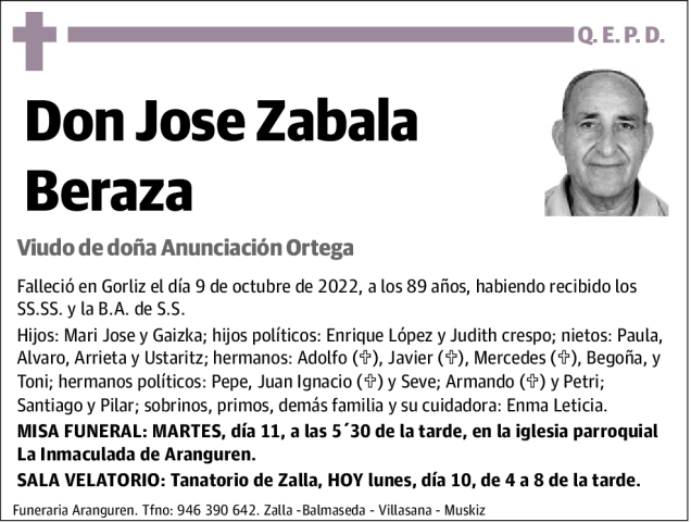 Jose Zabala Beraza Esquela Necrológica El Correo
