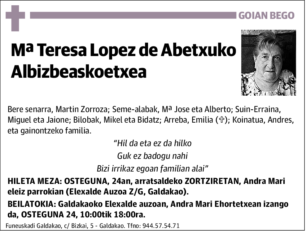 Mª Teresa Lopez De Abetxuko Albizbeaskoetxea