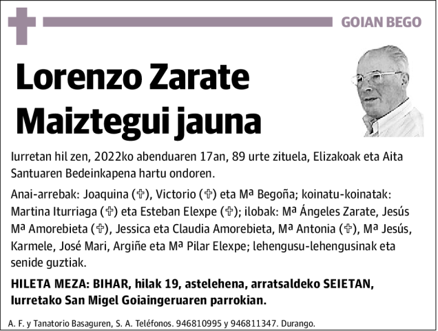 Lorenzo Zarate Maiztegui Esquela Necrológica El Correo